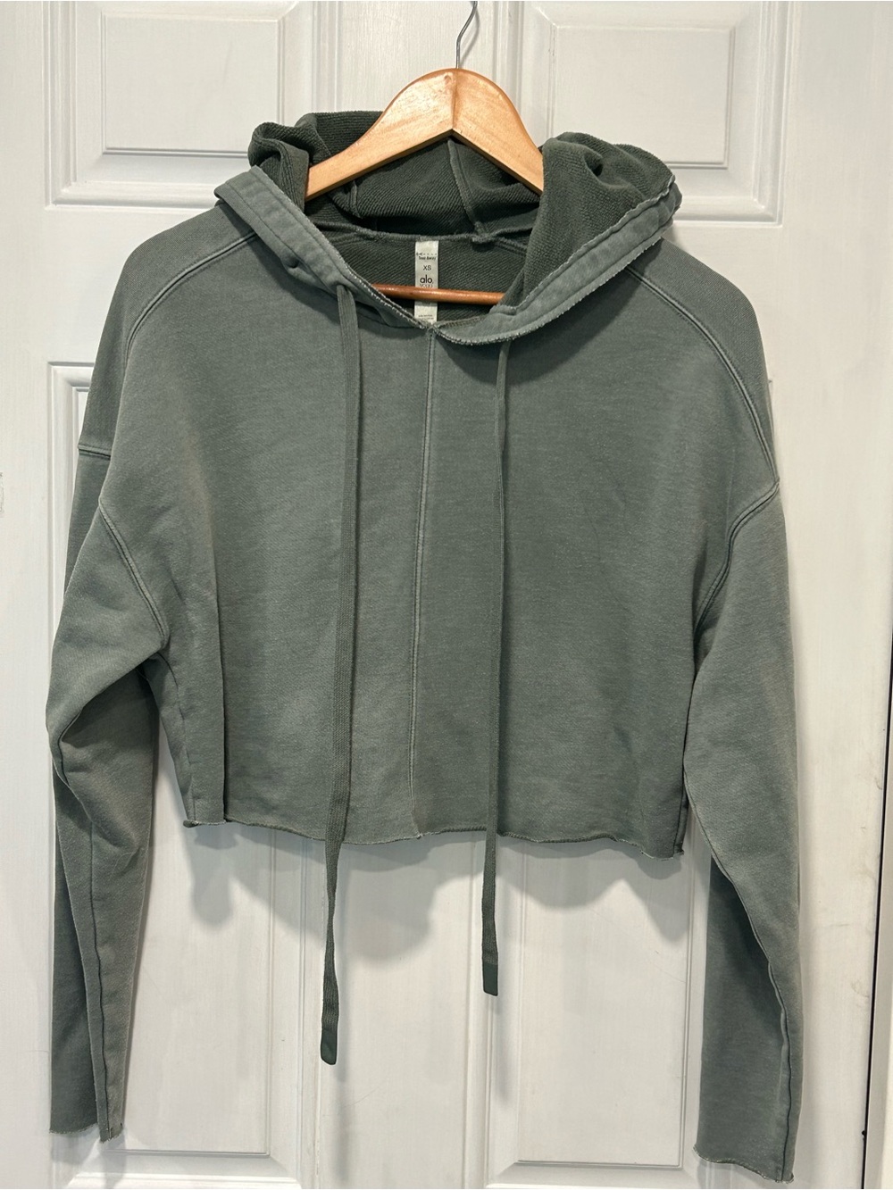 Alo Yoga Washed Edge Cropped Hoodie Sage Green Distressed Faded Comfy Size XS